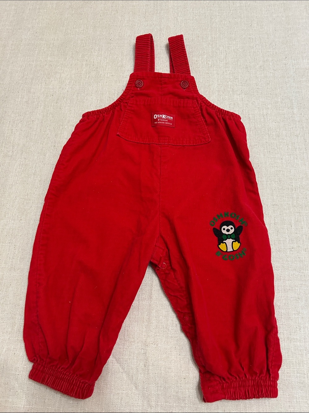 Vintage OshKosh B'gosh Bright Red Corduroy Overalls Penguin Patch Kids Size 12M